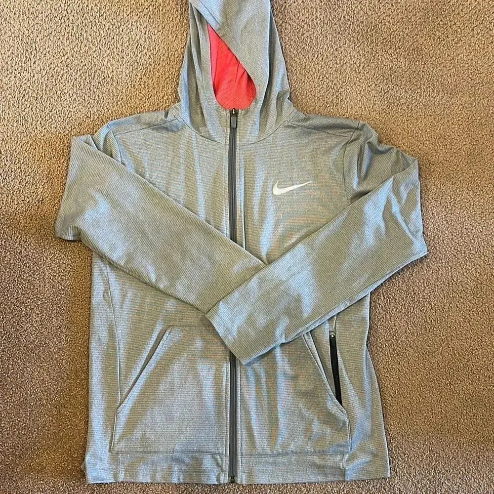 Nike Boys Dri Fit Grey Logo Zip-up Hooded Lightweight Shirt/Jacket - Size XL